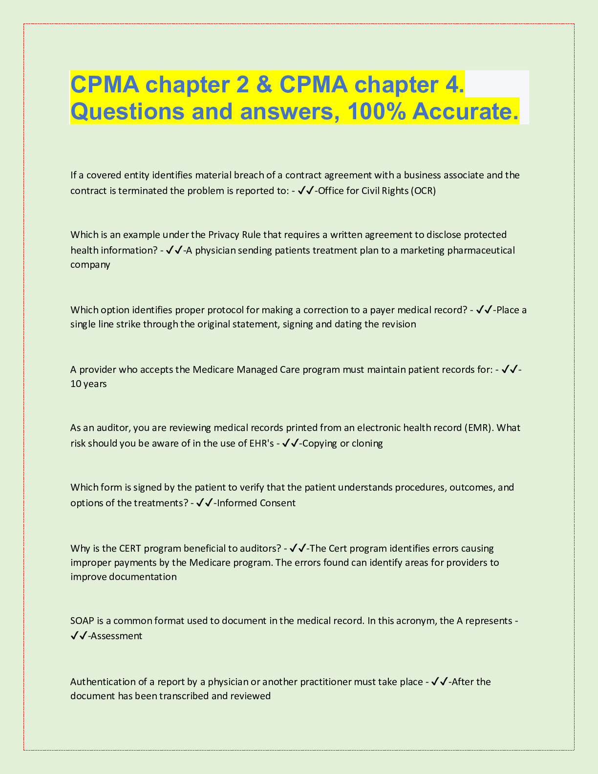 Preview image for CPMA chapter 2 & CPMA chapter 4.  Questions and answers, 100% Accurate.